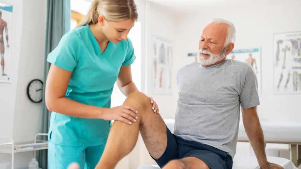 Nurse Checking the knee pain of old man