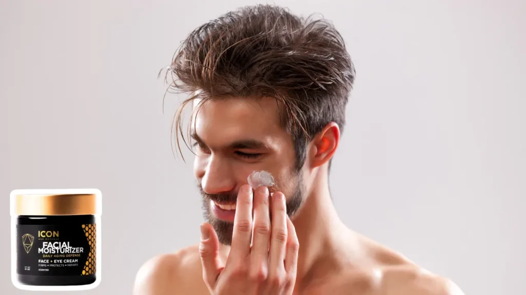 man applying Defense Blends Icon Age Defense Face Moisturizer on her face