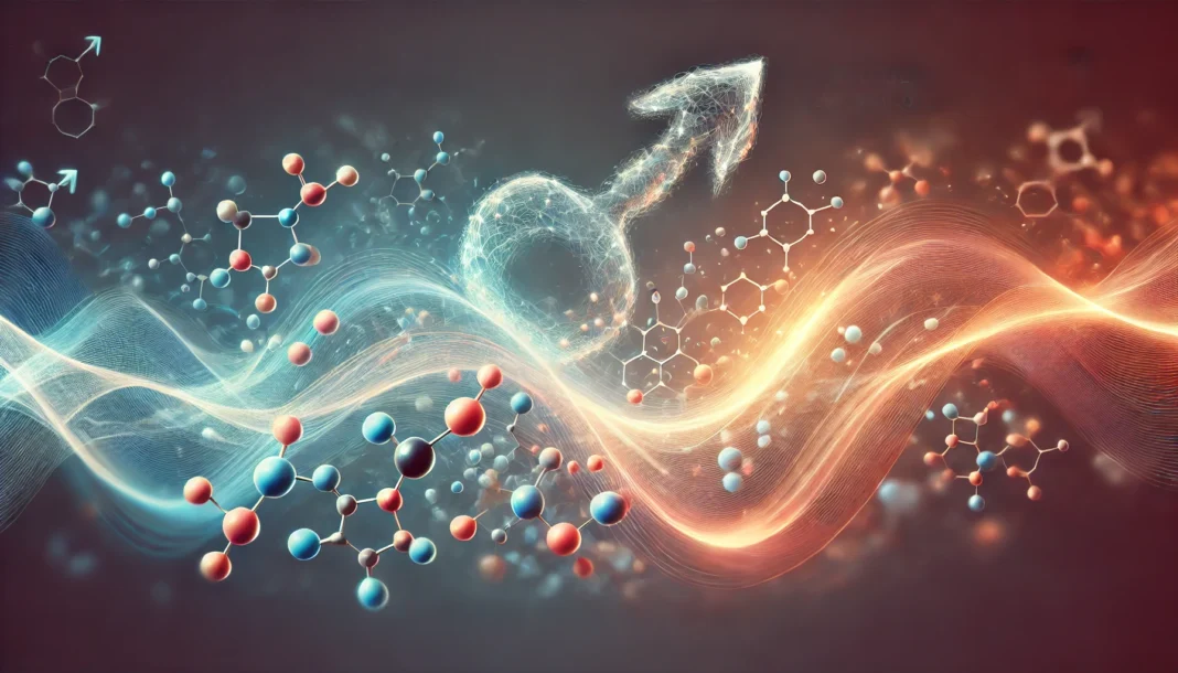 Abstract Hormonal Balance Concept with Energy Waves A conceptual digital artwork illustrating testosterone levels through a harmonious blend of glowing energy waves and molecular structures. The smooth gradient background and clean aesthetic emphasize equilibrium and scientific accuracy.