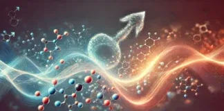 A conceptual digital artwork illustrating testosterone levels through a harmonious blend of glowing energy waves and molecular structures. The smooth gradient background and clean aesthetic emphasize equilibrium and scientific accuracy.