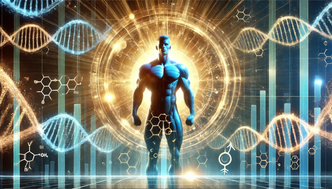 A strong, athletic male silhouette surrounded by glowing energy waves, symbolizing the role of androgens in muscle development and masculinity.