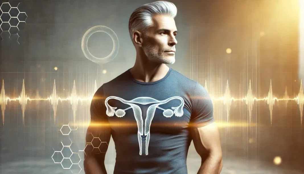 A fit, middle-aged man with silver-streaked hair stands confidently in a modern setting, bathed in warm golden light, symbolizing vitality, strength, and well-being.
