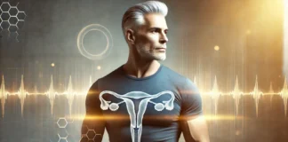 Does Testosterone Make You Look Older? The Truth About Hormones and Aging A fit, middle-aged man with silver-streaked hair stands confidently in a modern setting, bathed in warm golden light, symbolizing vitality, strength, and well-being.