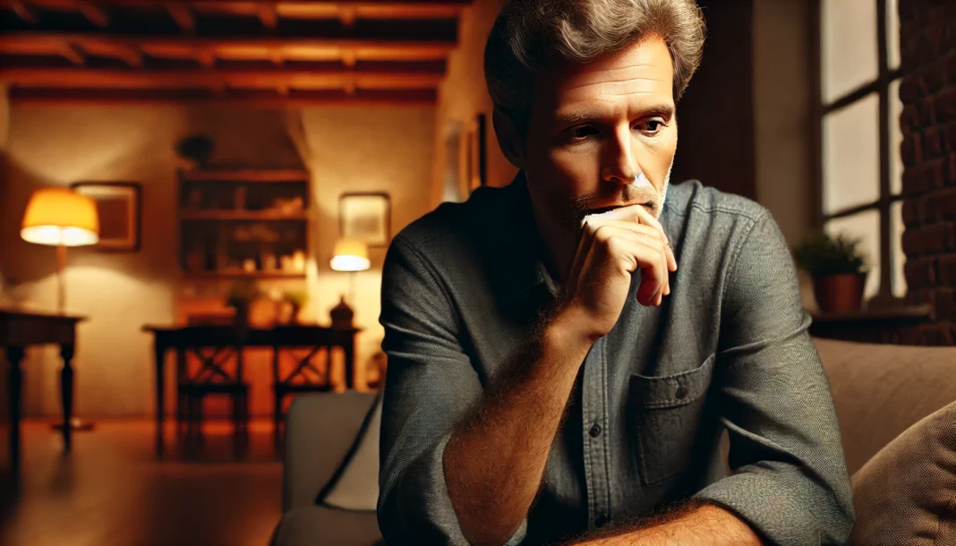 A middle-aged man with a thoughtful expression sits alone on a couch in a dimly lit living room. His hand rests on his chin as he appears deep in thought, symbolizing emotional changes linked to andropause.