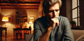 A middle-aged man with a thoughtful expression sits alone on a couch in a dimly lit living room. His hand rests on his chin as he appears deep in thought, symbolizing emotional changes linked to andropause.