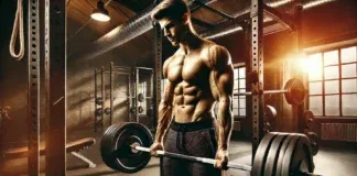 A muscular man lifting heavy weights in a well-lit gym, showcasing strength training as a key factor in boosting testosterone levels. The scene emphasizes effort, determination, and a focused workout environment