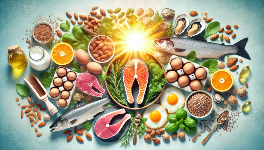 DALL·E 2025-03-16 19.57.12 - A vibrant composition showcasing five essential vitamins for men's health. The image includes natural sources of Vitamin D (salmon, eggs, and sunlight A visually appealing arrangement of five essential vitamins for men's health, featuring fresh salmon, eggs, red meat, nuts, leafy greens, oysters, pumpkin seeds, and flaxseeds. The scene is bathed in warm, natural light, symbolizing vitality, longevity, and hormonal balance