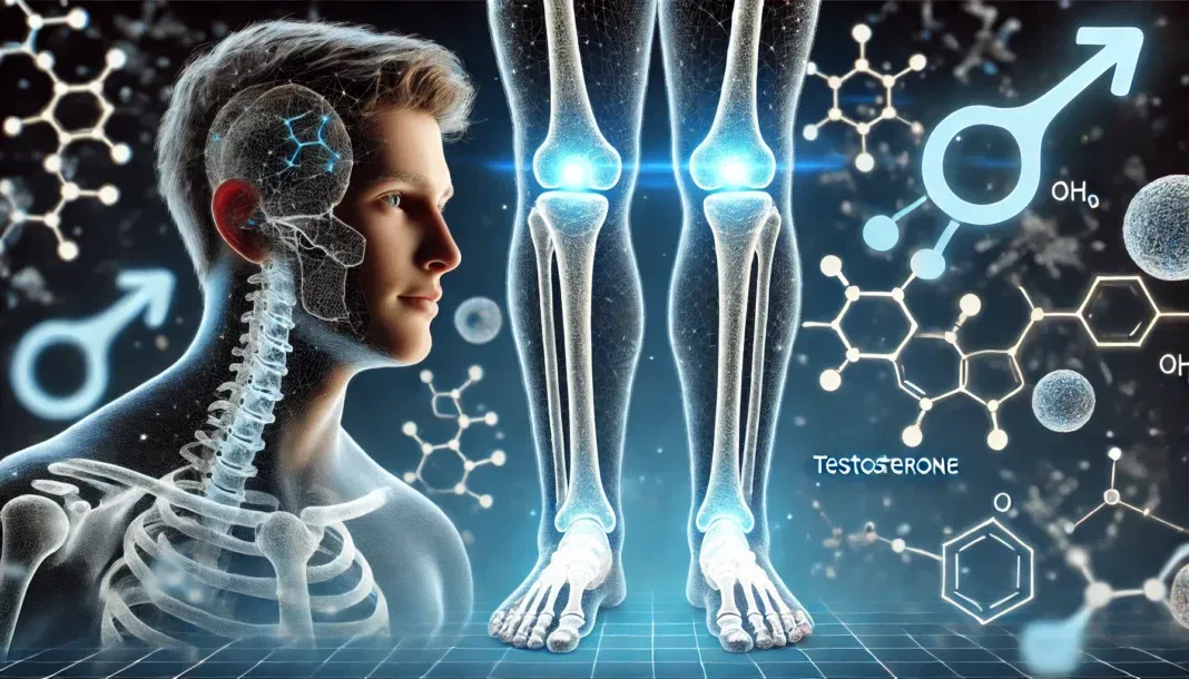 A medical-style visualization of growth plates in a young male's bones, featuring an X-ray-style view of leg bones with glowing growth plates. The surrounding elements include molecular structures and hormonal symbols, representing testosterone's role in skeletal development and height potential