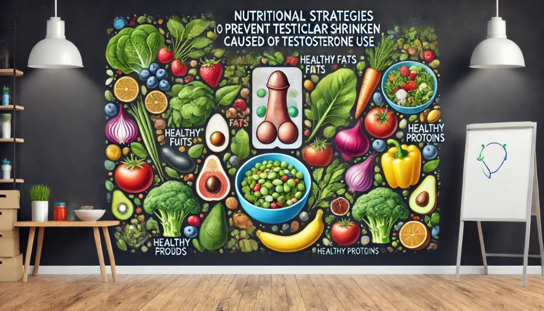 A vibrant widescreen visual illustrating a diet rich in leafy greens, healthy fats, lean proteins, and colorful fruits and vegetables to naturally prevent testicular shrinkage while on testosterone therapy