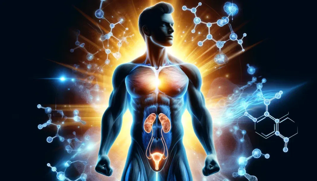 A glowing male silhouette with highlighted muscles and internal body systems, surrounded by molecular structures symbolizing testosterone. The background features dynamic energy flow representing metabolic activity, emphasizing the link between testosterone and metabolism in men's health