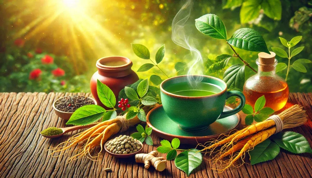 A steaming cup of green tea surrounded by fresh tea leaves, ginseng roots, and ashwagandha, set against a warm, sunlit natural background, symbolizing vitality and hormone support