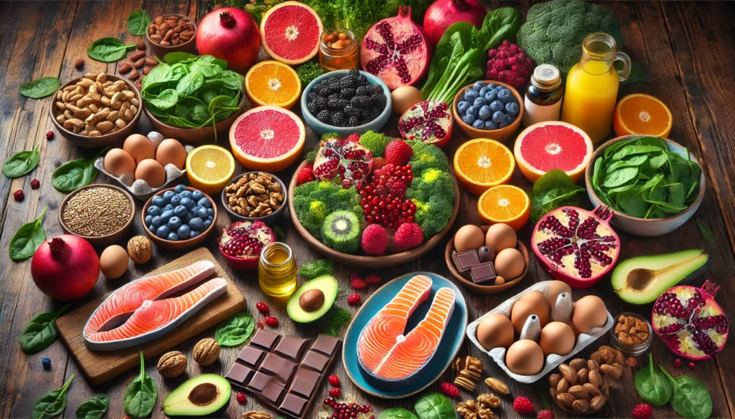 DALL·E 2025-03-16 22.49.52 - A vibrant spread of nutrient-rich foods known to support testicular health, hormone balance, and fertility. The image features colorful fruits like po A vibrant spread of nutrient-rich foods for testicular health, hormone balance, and fertility, featuring pomegranates, berries, citrus fruits, spinach, kale, salmon, walnuts, eggs, dark chocolate, and Brazil nuts on a rustic wooden table with natural lighting