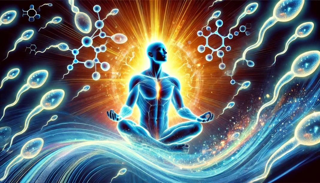 DALL·E 2025-03-16 23.06.16 - A vibrant and dynamic representation of sperm retention and male vitality. A glowing male figure in a meditative stance, surrounded by powerful waves A glowing male figure in a meditative stance, enveloped by powerful waves of energy and molecular patterns. The vibrant scene symbolizes sperm retention, testosterone enhancement, and the balance of male hormones