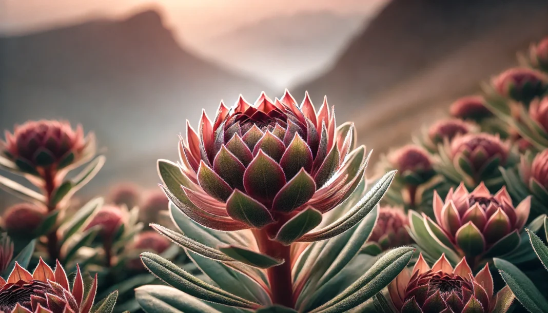 DALL·E 2025-03-16 23.25.20 - A detailed macro shot of Rhodiola Rosea flowers in full bloom, showing intricate petal textures and fine details of the plant’s structure. The leaves Intricate macro shot of Rhodiola Rosea flowers in full bloom, showing petal textures, dew-covered leaves, and a softly blurred mountainous background