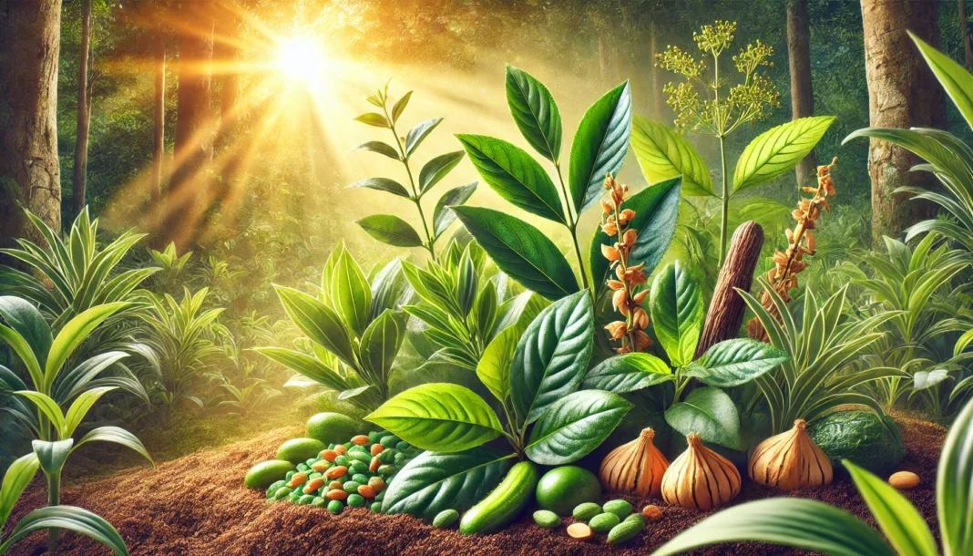 DALL·E 2025-03-16 23.40.17 - A lush herbal garden with testosterone-boosting plants like ashwagandha, fenugreek, and tongkat ali growing naturally. The scene is bathed in warm sun A lush herbal garden with testosterone-boosting plants such as ashwagandha, fenugreek, and tongkat ali growing naturally. The vibrant green leaves and earthy soil are bathed in warm sunlight, evoking a sense of freshness and vitality