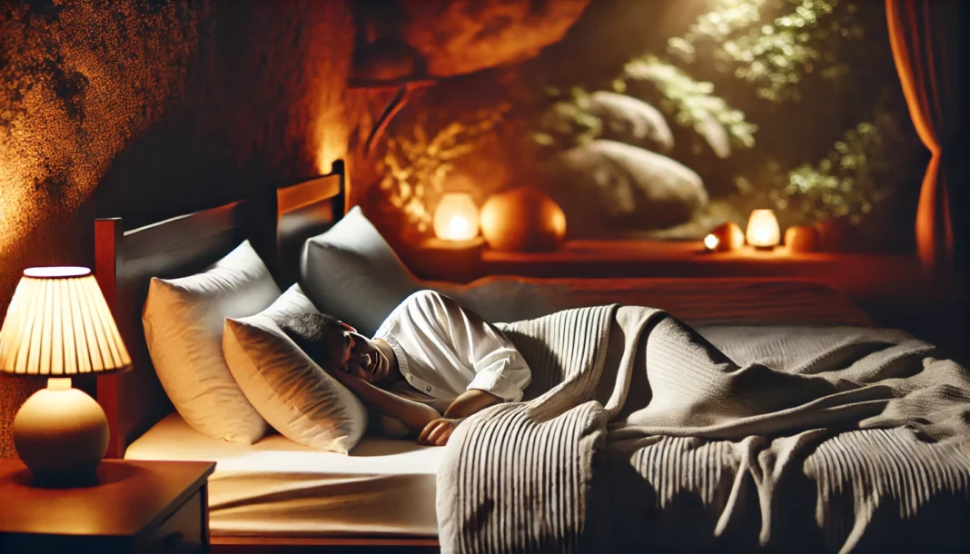 A cozy and relaxing bedroom scene at night with warm, dim lighting, featuring a person peacefully sleeping on a neatly made bed with soft pillows. The ambiance conveys tranquility, comfort, and the importance of restful sleep for hormonal balance and overall well-being