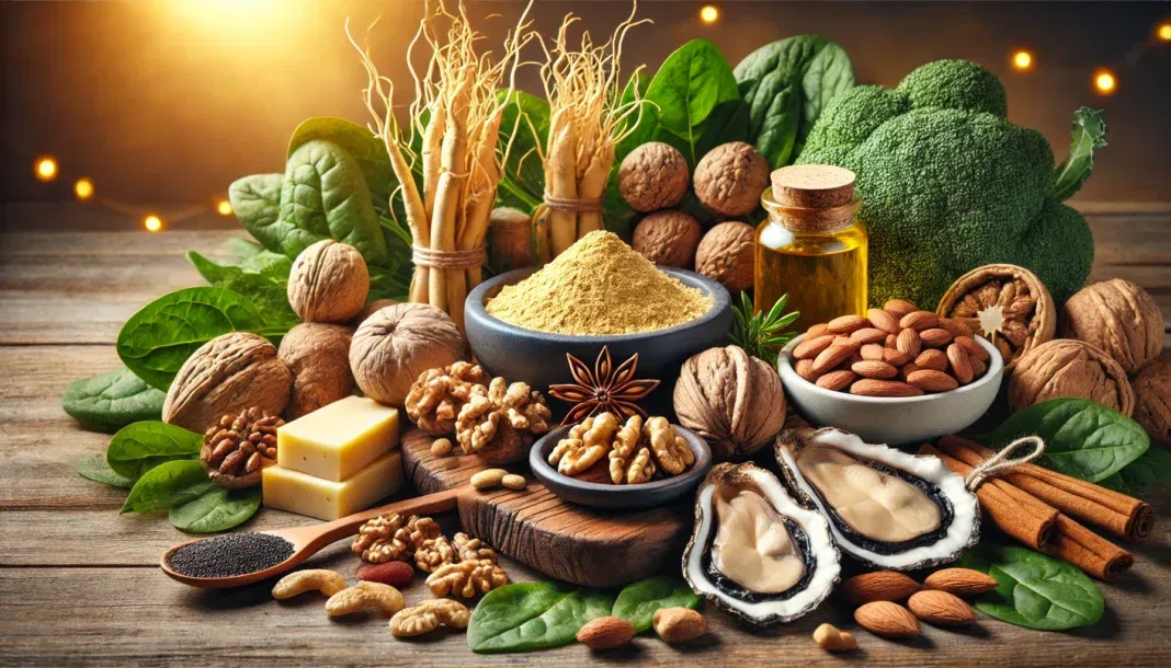 A vibrant composition of natural vitamin sources known to enhance male health and erectile strength, featuring ginseng root, maca powder, walnuts, almonds, zinc-rich oysters, and leafy greens like spinach, illuminated with a warm, organic glow