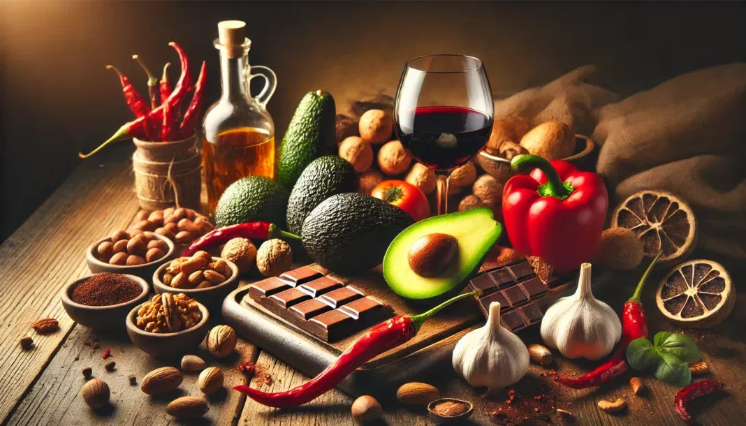 A beautifully arranged selection of nutrient-dense foods including avocados, dark chocolate, nuts, red chili peppers, garlic, and a glass of red wine, artistically displayed on a wooden board with warm, inviting lighting