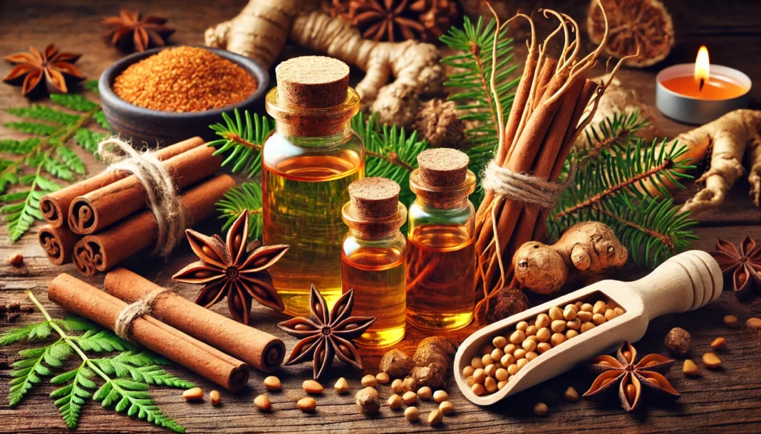 A vibrant still-life composition of natural essential oils known for boosting testosterone, featuring small glass bottles with cork stoppers surrounded by pine needles, cinnamon sticks, ginseng root, and fenugreek seeds. Warm lighting and a rustic wooden background evoke a sense of natural wellness and hormonal balance
