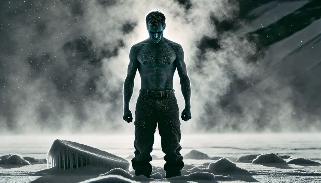 DALL·E 2025-03-17 10.14.34 - A man standing in a frozen landscape, shirtless, with steam rising from his body as he endures the extreme cold. His posture is strong and determined, A shirtless man standing in a frozen landscape with steam rising from his body, symbolizing resilience and adaptation to extreme cold. His strong posture highlights the potential hormonal benefits of cold exposure