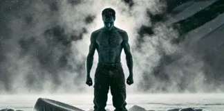 A shirtless man standing in a frozen landscape with steam rising from his body, symbolizing resilience and adaptation to extreme cold. His strong posture highlights the potential hormonal benefits of cold exposure