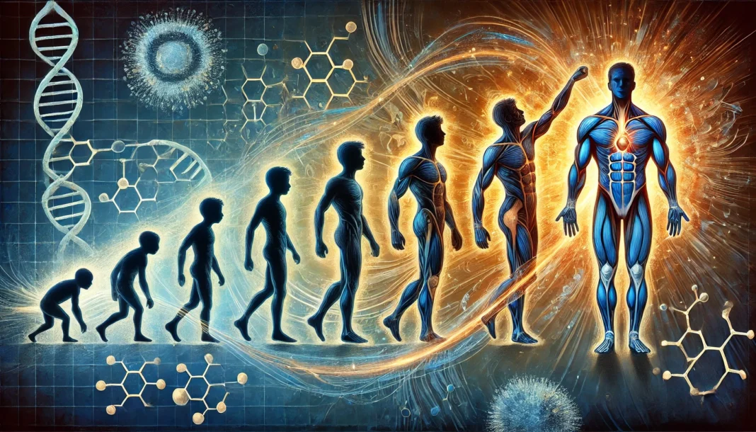 A conceptual artistic representation of puberty driven by testosterone, showing the transformation of a young boy into a teenager through a sequence of dynamic silhouettes. Each figure displays progressive growth in height, muscle development, and maturity, connected by a glowing energy wave symbolizing hormonal influence. The background features abstract molecular structures and cellular elements, reinforcing the biological aspect of the transformation. The color palette blends shades of blue with warm golden tones, representing vitality and change