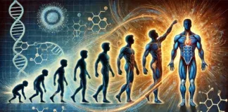A conceptual artistic representation of puberty driven by testosterone, showing the transformation of a young boy into a teenager through a sequence of dynamic silhouettes. Each figure displays progressive growth in height, muscle development, and maturity, connected by a glowing energy wave symbolizing hormonal influence. The background features abstract molecular structures and cellular elements, reinforcing the biological aspect of the transformation. The color palette blends shades of blue with warm golden tones, representing vitality and change