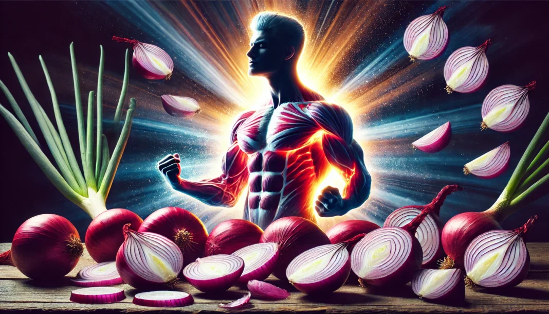 DALL·E 2025-03-17 17.19.47 - A visually striking representation of raw onions and masculinity. A strong, fit male silhouette with a glowing aura, surrounded by fresh, sliced red a A powerful male silhouette with a glowing aura surrounded by fresh, sliced red and white onions, symbolizing vitality and masculinity