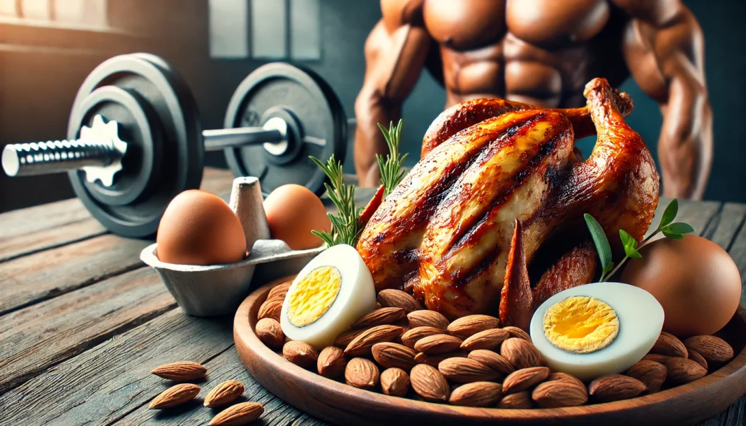 DALL·E 2025-03-17 17.36.11 - A close-up of a protein-rich meal, including grilled chicken, eggs, and nuts, arranged artistically on a wooden table. The background subtly hints at A close-up of a protein-rich meal featuring grilled chicken, eggs, and nuts on a wooden table, with a blurred gym background, symbolizing the link between diet and testosterone production