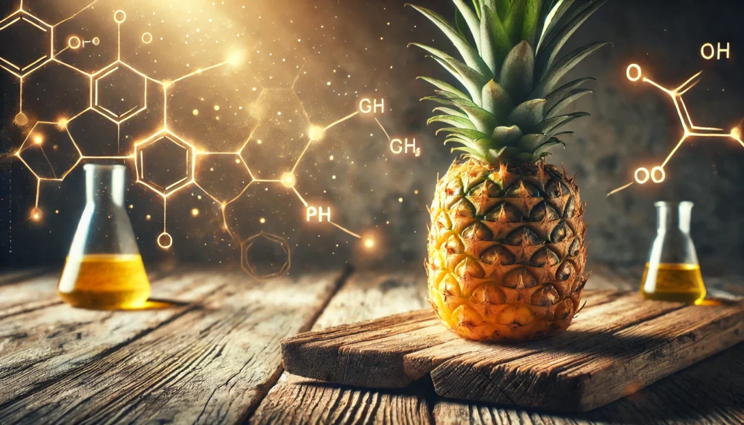Close-up of a fresh, ripe pineapple with golden yellow flesh on a rustic wooden table, with subtle molecular structures in the background, hinting at scientific research on its potential health benefits