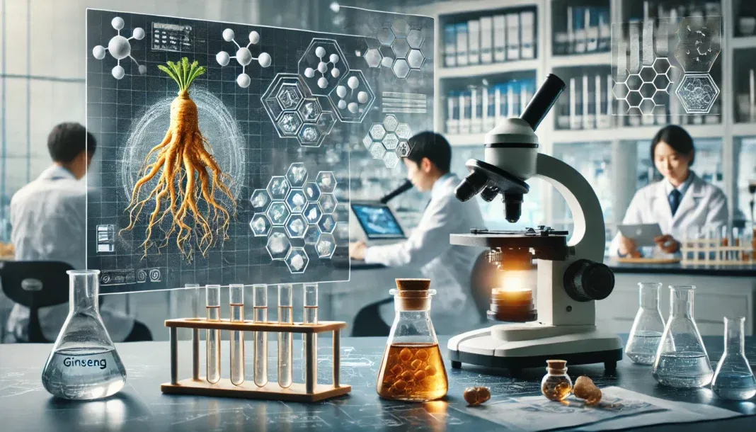 A scientific laboratory setting with researchers analyzing ginseng root extract under a microscope. The scene includes test tubes, beakers, and digital molecular diagrams, illustrating a scientific approach to studying ginseng’s biochemical effects