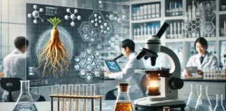 A scientific laboratory setting with researchers analyzing ginseng root extract under a microscope. The scene includes test tubes, beakers, and digital molecular diagrams, illustrating a scientific approach to studying ginseng’s biochemical effects
