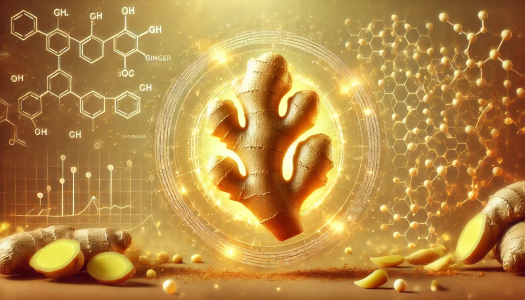 A detailed 3D-rendered image of fresh ginger root with a glowing aura, symbolizing vitality and health. The background features subtle molecular structures, hinting at scientific research. Warm, earthy tones create a natural and organic aesthetic