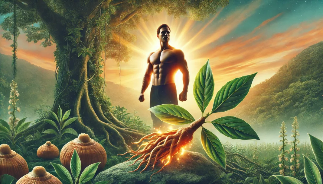 DALL·E 2025-03-18 08.35.14 - A conceptual representation of Ashwagandha's effect on testosterone. The image features a muscular man standing in a serene natural environment, symbo A conceptual representation of Ashwagandha’s effect on testosterone, featuring a muscular man in a serene natural setting with glowing Ashwagandha roots and leaves in the foreground. The sunrise in the background symbolizes vitality, energy, and hormonal balance