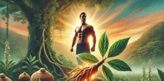 A conceptual representation of Ashwagandha’s effect on testosterone, featuring a muscular man in a serene natural setting with glowing Ashwagandha roots and leaves in the foreground. The sunrise in the background symbolizes vitality, energy, and hormonal balance
