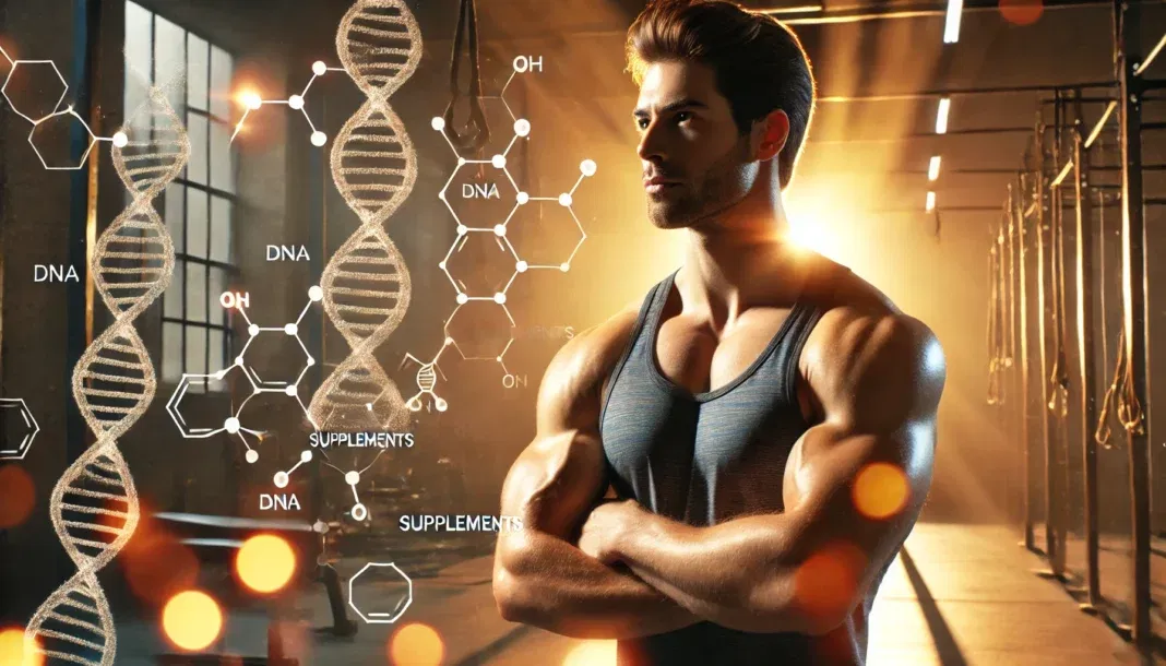 A fit and muscular man in his late 30s or early 40s stands confidently in a well-lit gym, radiating strength and vitality. Subtle molecular structures and a DNA helix in the background symbolize the connection between L-Arginine, testosterone, and men's health