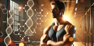 A fit and muscular man in his late 30s or early 40s stands confidently in a well-lit gym, radiating strength and vitality. Subtle molecular structures and a DNA helix in the background symbolize the connection between L-Arginine, testosterone, and men's health