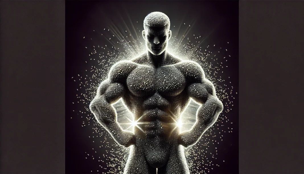 DALL·E 2025-03-18 09.02.05 - A muscular male figure made of chia seeds, symbolizing strength and testosterone boost. The figure is formed naturally from the seeds, with a glowing A muscular male figure creatively formed from chia seeds, symbolizing strength, vitality, and the testosterone-boosting benefits of chia consumption. A glowing effect enhances the sense of energy and health