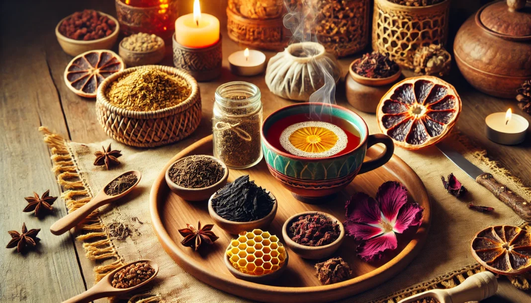 DALL·E 2025-03-18 09.31.14 - A vibrant tea preparation scene featuring a wooden tray with a steaming cup of herbal tea, accompanied by raw ingredients like pine pollen, shilajit r A steaming cup of herbal tea on a wooden tray, surrounded by pine pollen, shilajit resin, and dried hibiscus petals, with a cozy background featuring candlelight and earthy tones