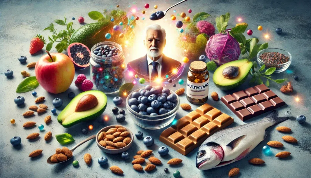 A selection of superfoods rich in essential vitamins and minerals for men over 40, including blueberries, avocado, dark chocolate, almonds, and fatty fish, displayed on a modern kitchen countertop with soft natural lighting