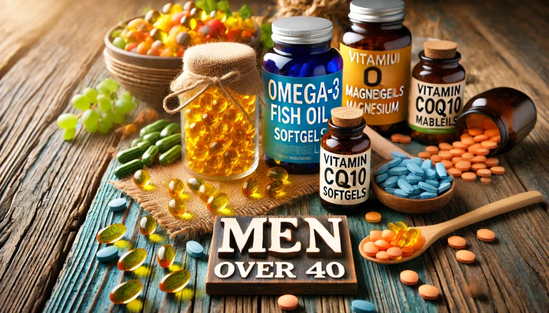 DALL·E 2025-03-18 17.19.15 - A vibrant display of essential supplements for men over 40, featuring natural ingredients like omega-3 fish oil capsules, vitamin D softgels, magnesiu A visually appealing arrangement of essential supplements for men over 40, including omega-3 fish oil capsules, vitamin D softgels, magnesium tablets, and CoQ10 pills, displayed on a rustic wooden surface with soft natural lighting