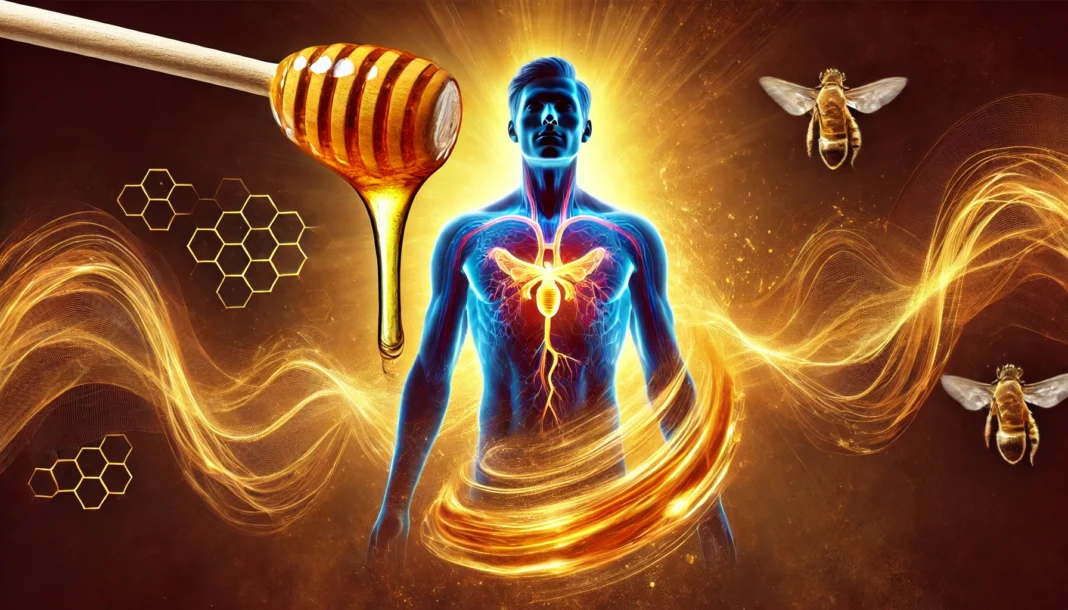 Conceptual visual of raw honey swirling around a human energy aura, symbolizing a natural testosterone boost, blending with vibrant energy waves against a deep, warm background