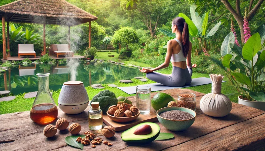 A serene outdoor setting with a woman practicing yoga in a lush green garden. In the foreground, a table displays a plate of hormone-balancing foods such as avocados, walnuts, chia seeds, and herbal teas, along with a diffuser releasing essential oils for relaxation. No text or captions are present