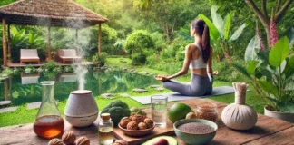 A serene outdoor setting with a woman practicing yoga in a lush green garden. In the foreground, a table displays a plate of hormone-balancing foods such as avocados, walnuts, chia seeds, and herbal teas, along with a diffuser releasing essential oils for relaxation. No text or captions are present