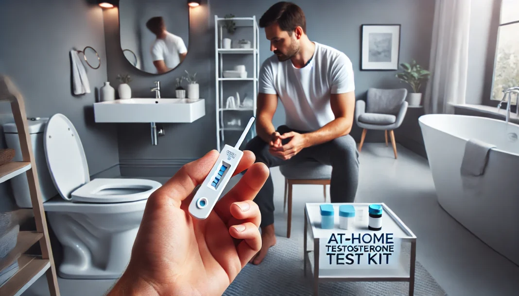 A man in a modern home setting using an at-home testosterone test kit. He is collecting a blood sample with a finger-prick device in a well-lit, clean environment, emphasizing ease and accessibility of home testing