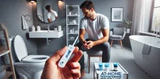 A man in a modern home setting using an at-home testosterone test kit. He is collecting a blood sample with a finger-prick device in a well-lit, clean environment, emphasizing ease and accessibility of home testing