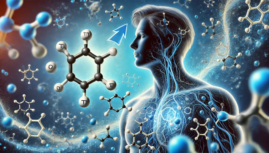 DALL·E 2025-03-18 19.53.55 - A visually striking digital illustration of male hormones acting as chemical messengers inside the human body. The image shows molecular structures of A digital illustration of male hormones, including testosterone, acting as chemical messengers inside the human body. Molecular structures travel through the bloodstream, interacting with cells. A glowing blue aura highlights their impact on men's health and longevity, with a stylized human silhouette symbolizing vitality