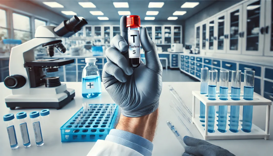 DALL·E 2025-03-18 20.07.20 - A close-up view of a healthcare professional in a laboratory holding a vial of blood, preparing it for testosterone level analysis. The image showcase A healthcare professional in a laboratory carefully holding a blood sample vial for testosterone level testing, with medical equipment visible in the background