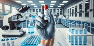 A healthcare professional in a laboratory carefully holding a blood sample vial for testosterone level testing, with medical equipment visible in the background
