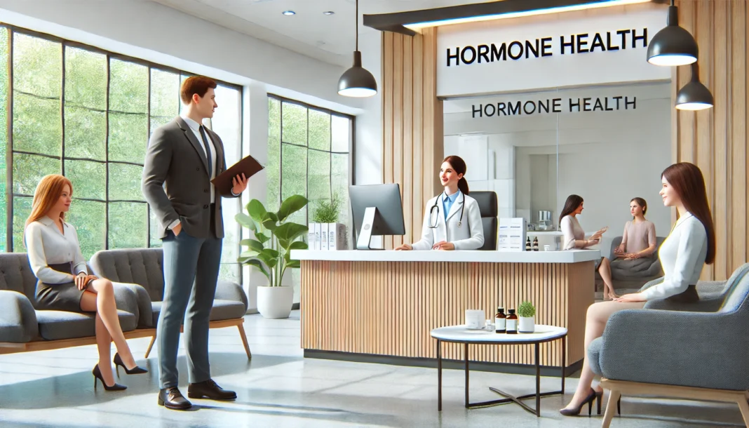 DALL·E 2025-03-18 20.24.35 - A modern medical clinic with a welcoming reception area, featuring a friendly receptionist and a professional doctor consulting a patient. The environ A modern medical clinic with a welcoming reception area, featuring a friendly receptionist and a professional doctor consulting a patient. The clean and well-lit environment conveys trust and professionalism, ideal for hormone health testing